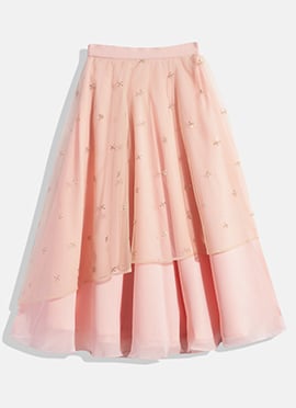 Kids Girls Maroon Embroidered N Peach Layered Lehenga