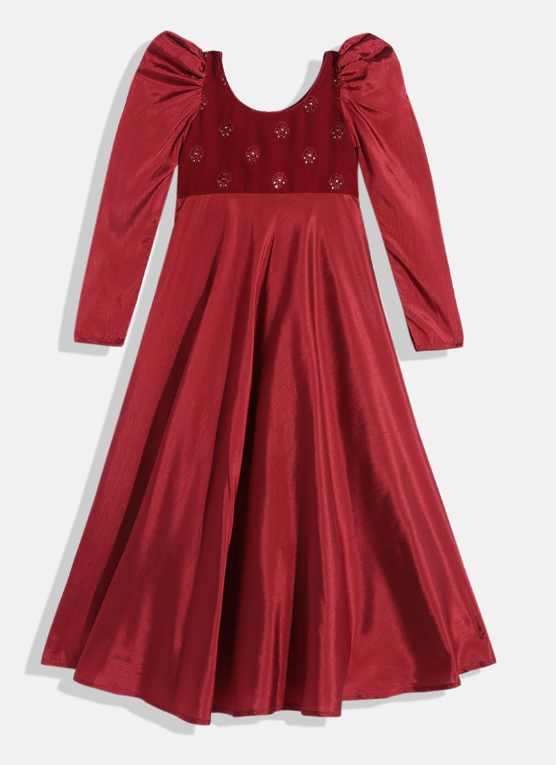 Kids Girls Maroon Georgette Embroidered N Art Silk Party Wear