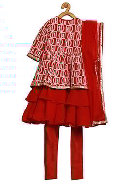 Kids Girls Maroon Layered Anarkali Churidar Suit