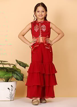 Kids Girls Maroon N White Georgette Sequins Palazzo Set