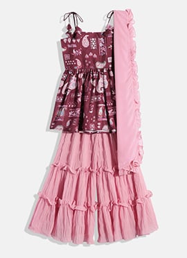 Kids Girls Maroon Printed Kota Silk N Pink Georgette Gharara Set