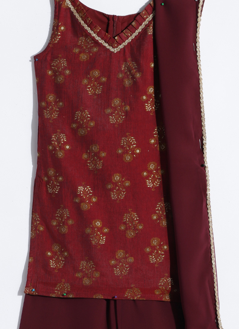 Red Trendy Elementary Designer Readymade Palazzo Suit With Embroidery Work