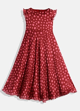 Kids Girls Maroon Satin Printed Gown