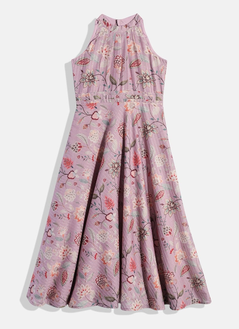Kids Girls Mauve Digital Printed Art Silk Gown Festive Wear