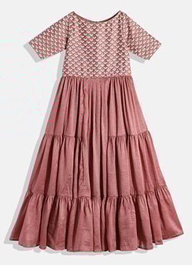 Kids Girls Mauve Embroidered Art Silk Tiered Gown