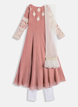 Kids Girls Mauve Embroidered Georgette Anarkali Suit