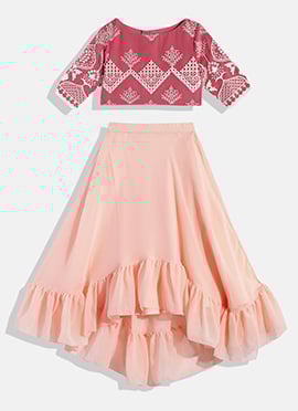 Kids Girls Mauve Embroidered N Peach Crop Top N Skirt