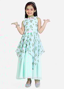 Kids Girls Mint Green Georgette Printed Halter Neck Gown