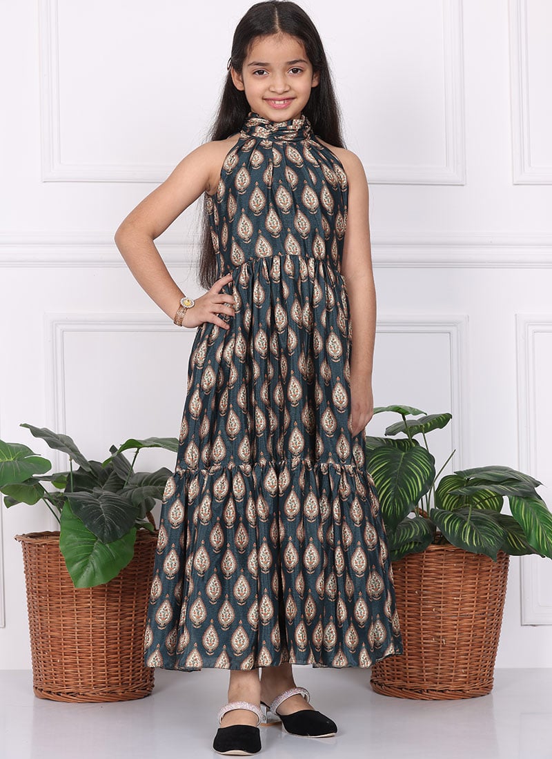 Kids Girls Multicolor Digital Printed Chinon  Dress
