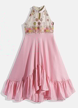 Kids Girls Multicolor N Pink Halter Neck Asymmetrical Gown