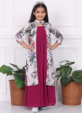 Kids Girls Multicolor Printed Jacket N Magenta Purple Gown