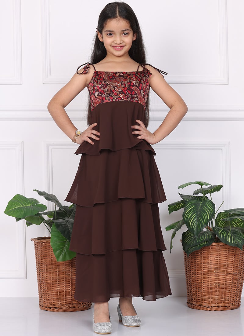 Kids Girls Multicolored Art Silk Printed N Brown Layered Dress Festive Wear