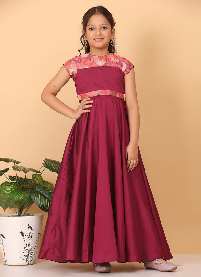 Kids Girls Multicolored Embroidered Flared Gown