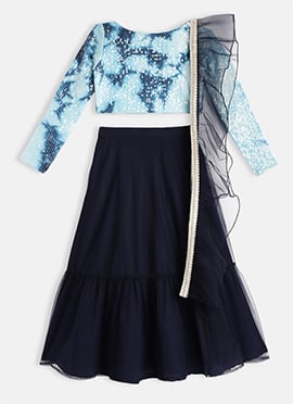 Kids Girls Multicolored Embroidered N Navy Blue Lehenga