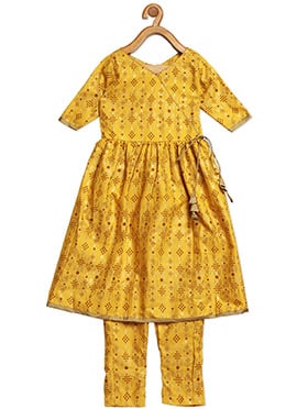 Kids Girls Mustard Printed Rayon Kurta Set