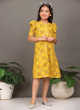 Kids Girls Mustard Rayon Printed A-Line Dress