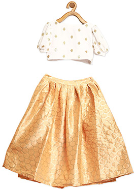 Kids Girls Peach Brocade Box Pleat Skirt N Crop Top Set