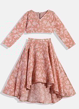 Kids Girls Peach Digital Printed Crop Top Skirt Set