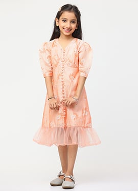 Kids Girls Peach Foil Printed A Line Dress