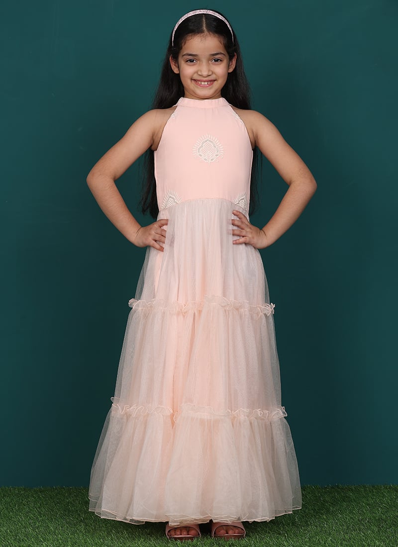 Kids Girls Peach Georgette Embroidered Dress