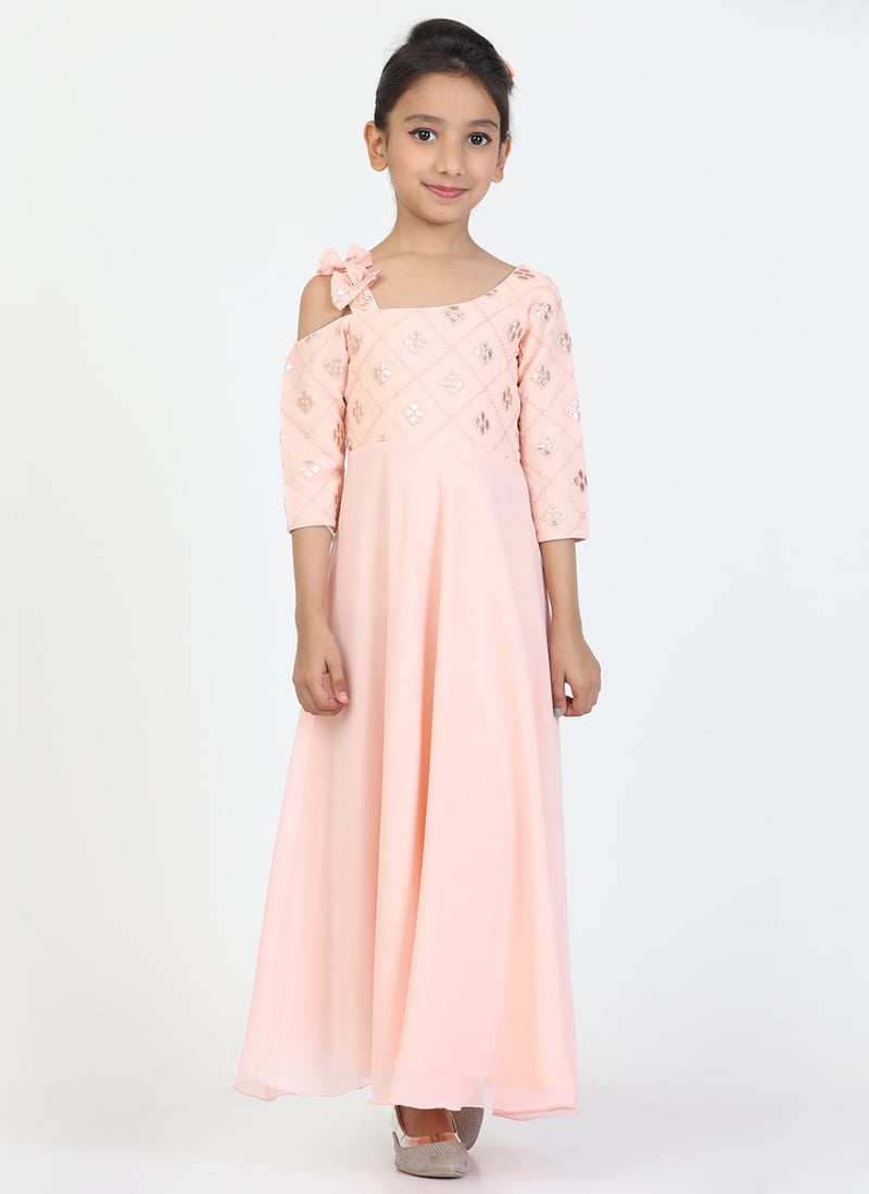 Kids Girls Peach Georgette Sequins One Shoulder Style Gown Party Wear