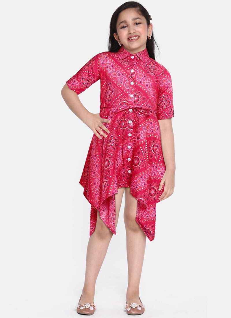 Kids Girls Pink Chanderi Art Silk Handkerchief Style Dress