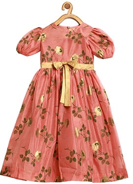 Kids Girls Pink Chanderi Silk Puff Sleeve Dress