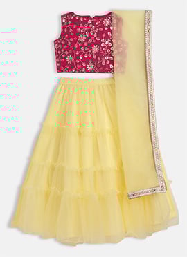 Kids Girls Pink Chinon Embroidered N Yellow Tiered Lehenga