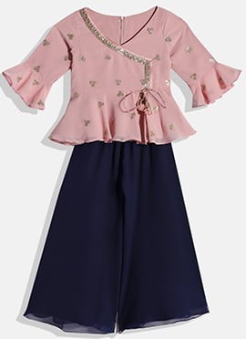 Kids Girls Pink Embroidered Angrakha Blouse N Palazzo