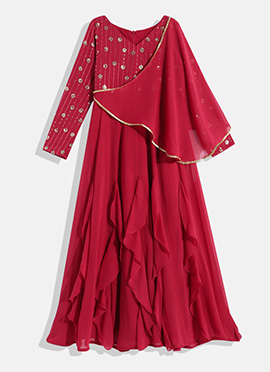 Kids Girls Pink Embroidered Georgette Kali Flared