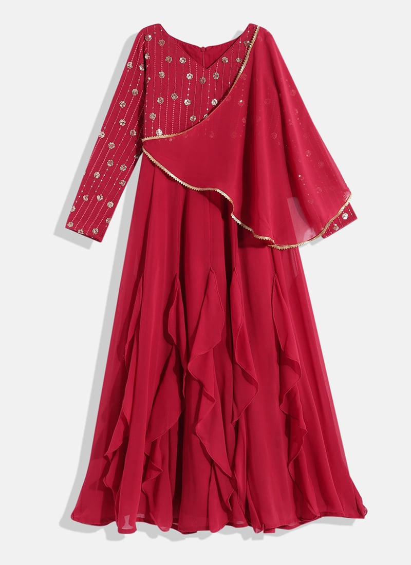 Kids Girls Pink Embroidered Georgette Kali Flared Festive Wear