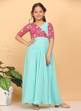 Kids Girls Pink Embroidered N Turquoise Overlapping Gown
