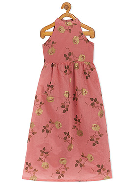 Kids Girls Pink Modal Chanderi Gathered Dress