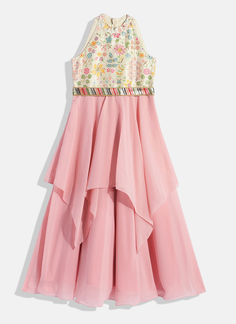 Kids Girls Pink N Off White Embroidered Handkerchief Gown Festive Wear