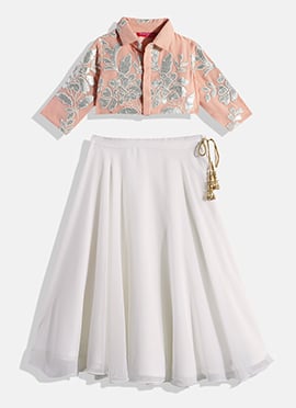 Kids Girls Pink N White Embroidered Collar Neck Blouse N Skirt Set