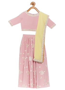 Kids Girls Pink N Yellow Embroidered Lehenga Set