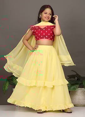 Kids Girls Pink N Yellow Embroidered Ruffles Lehenga Set
