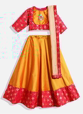 Kids Girls Pink N Yellow Silk Lehenga Set