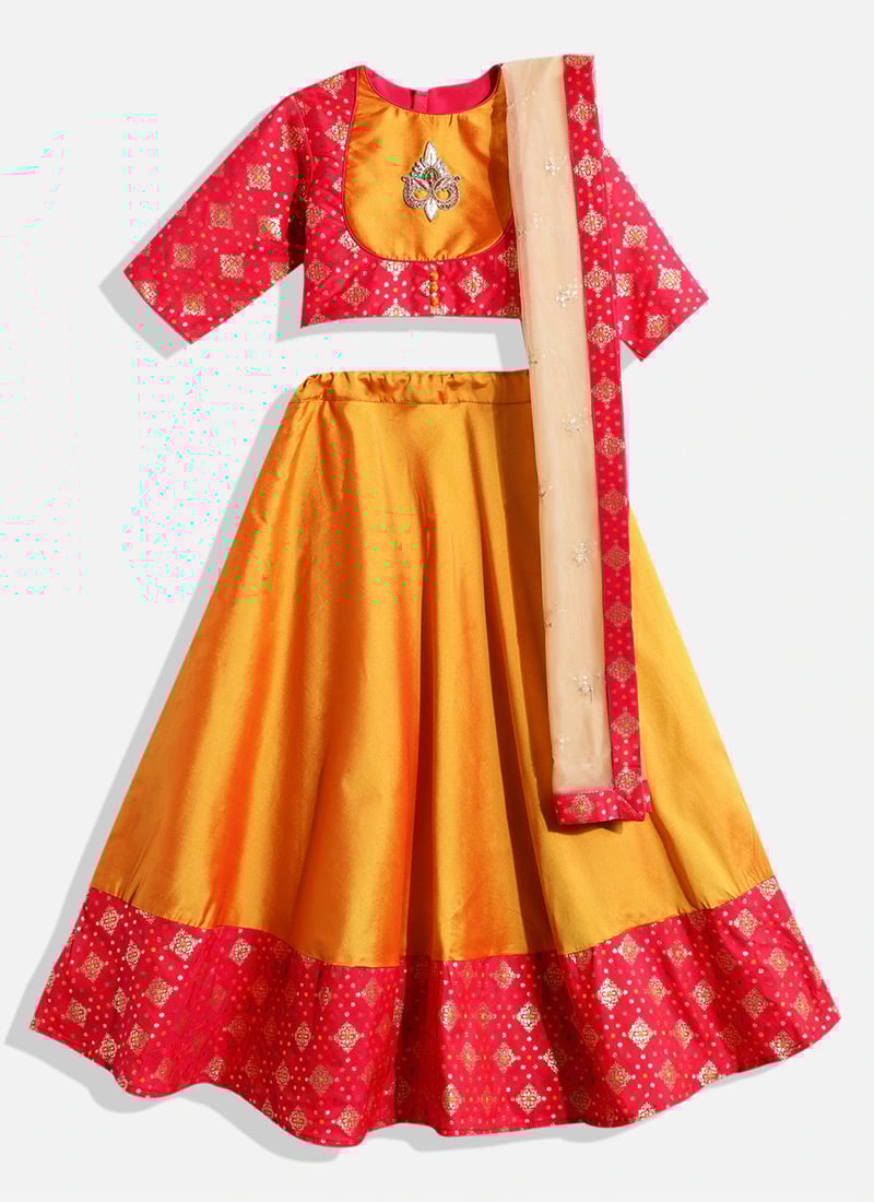 Kids Girls Pink N Yellow Silk Lehenga Set