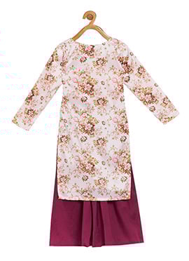 Kids Girls Pink Printed Top N Dark Purple Kurta Set