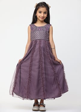 Kids Girls Purple Georgette Embroidered Ruffles Gown
