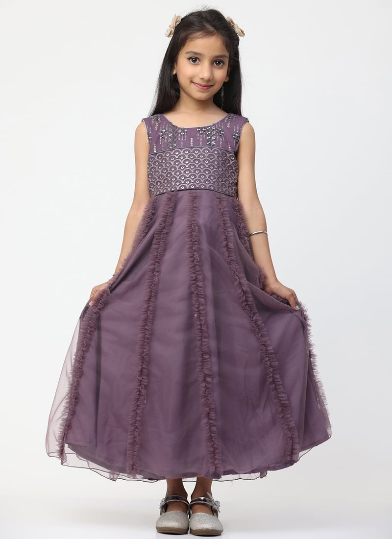 Kids Girls Purple Georgette Embroidered Ruffles Gown Festive Wear