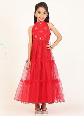 Kids Girls Red Georgette Embroidered Dress