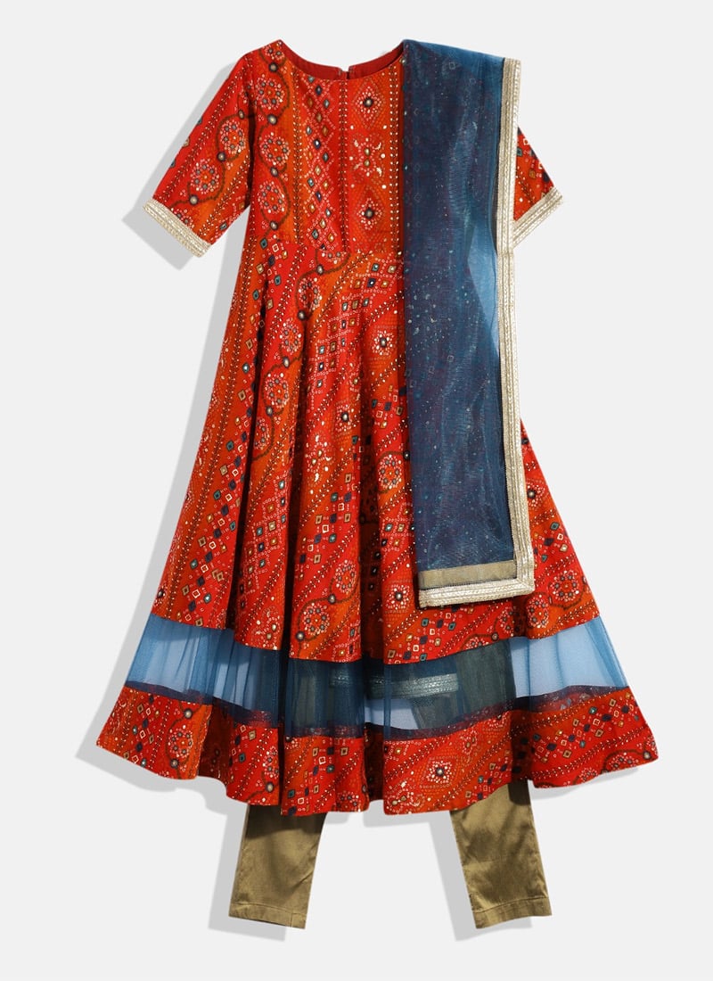Kids Girls Red Jacquard Anarkali Suit