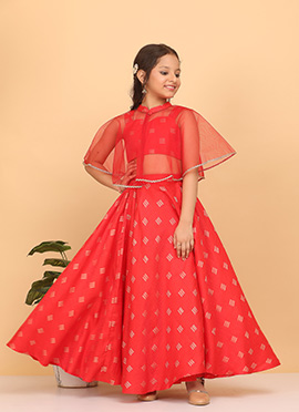 Kids Girls Red Jacquard Crop Top N Skirt With Cape