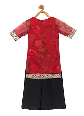 Kids Girls Red Printed Organza Knee Length Kurta Set