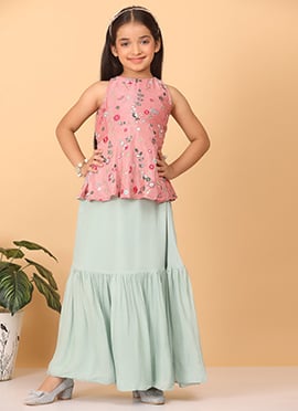 Kids Girls Rouge Pink N Blue Chinon Embroidered Skirt Set