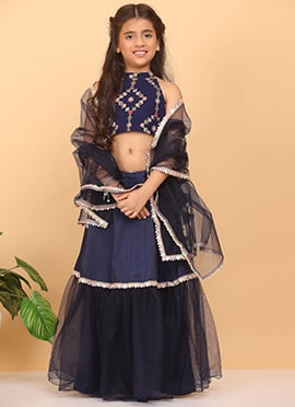 Kids Girls Royal Blue Embroidered Lehenga Set