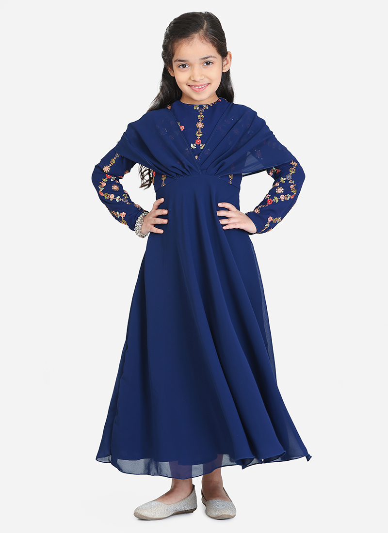 Kids Girls Royal Blue Georgette Embroidered Gown Festive Wear
