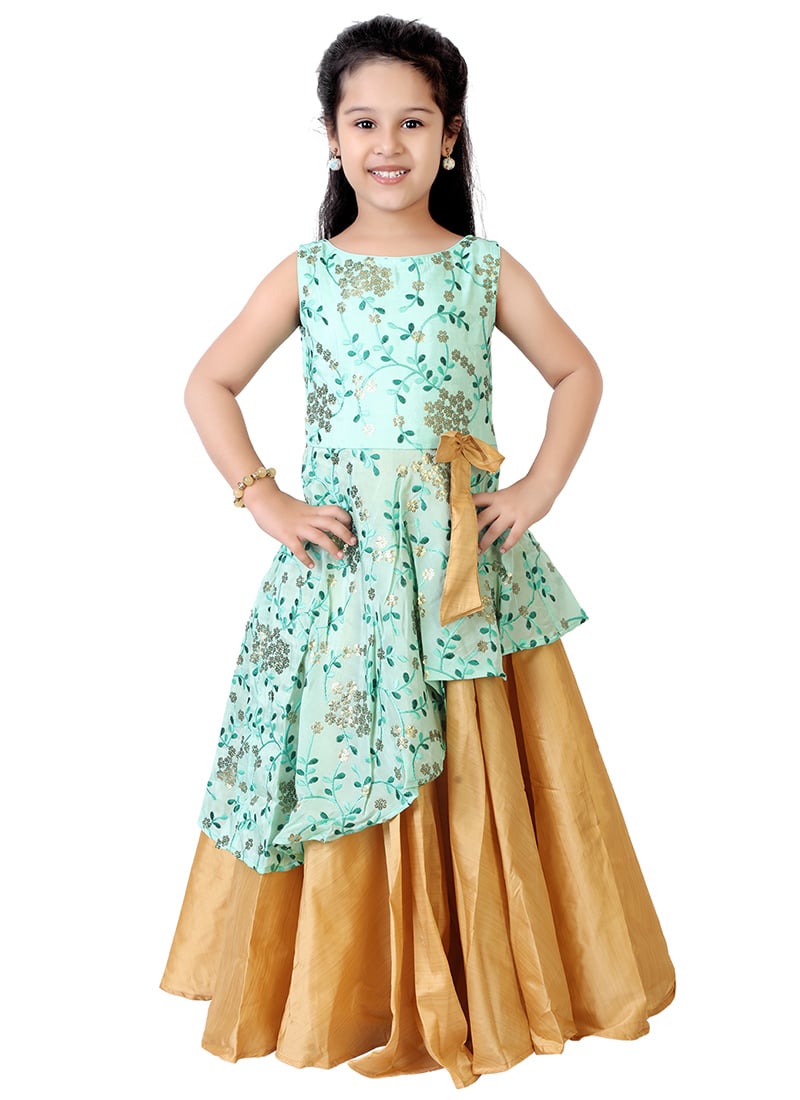 Kids Girls Sea Green Embroidered Layered Gown